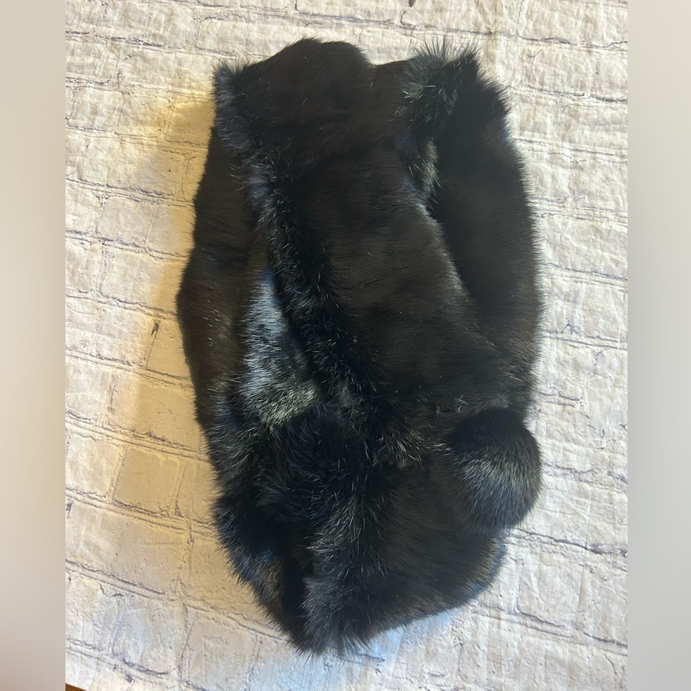 FAUX FUR BLACK WITH POMS BALLS  ENDS OBLONG WRAP SCARF